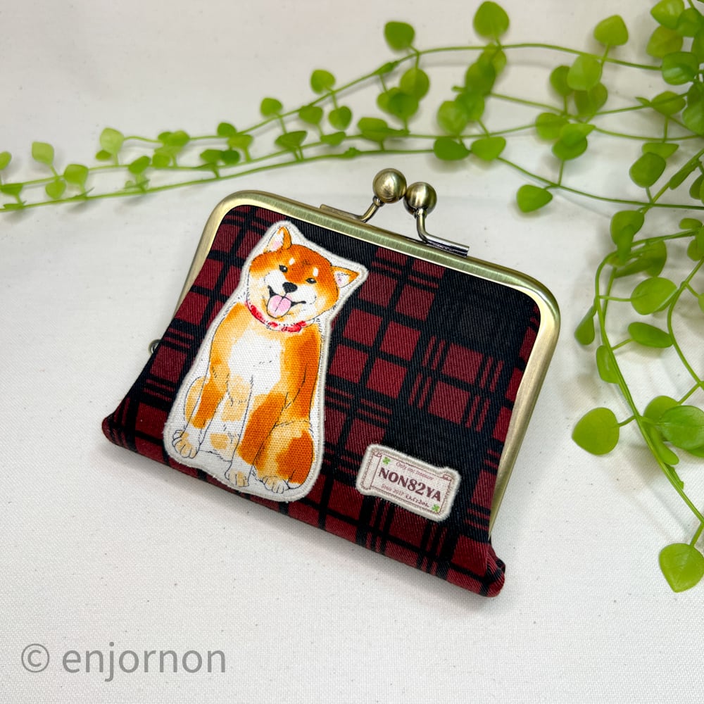 和風 柴犬柄 がま口長財布｜癒し系デザイン・カード収納たっぷり・ハンドメイド ほどよいお財布 柴犬のわんだふぉー♡チェックレッド2 | がま口【 のん
