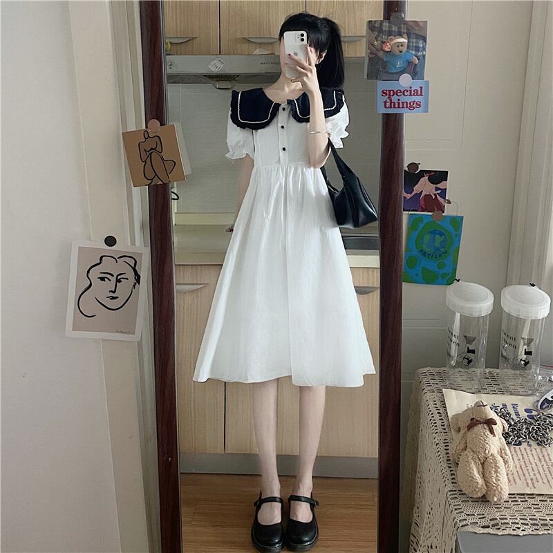 スタンダードレースカラードレス サマースリーブウェスト薄手スカート レトロ 夏物 萌量不足99986780184