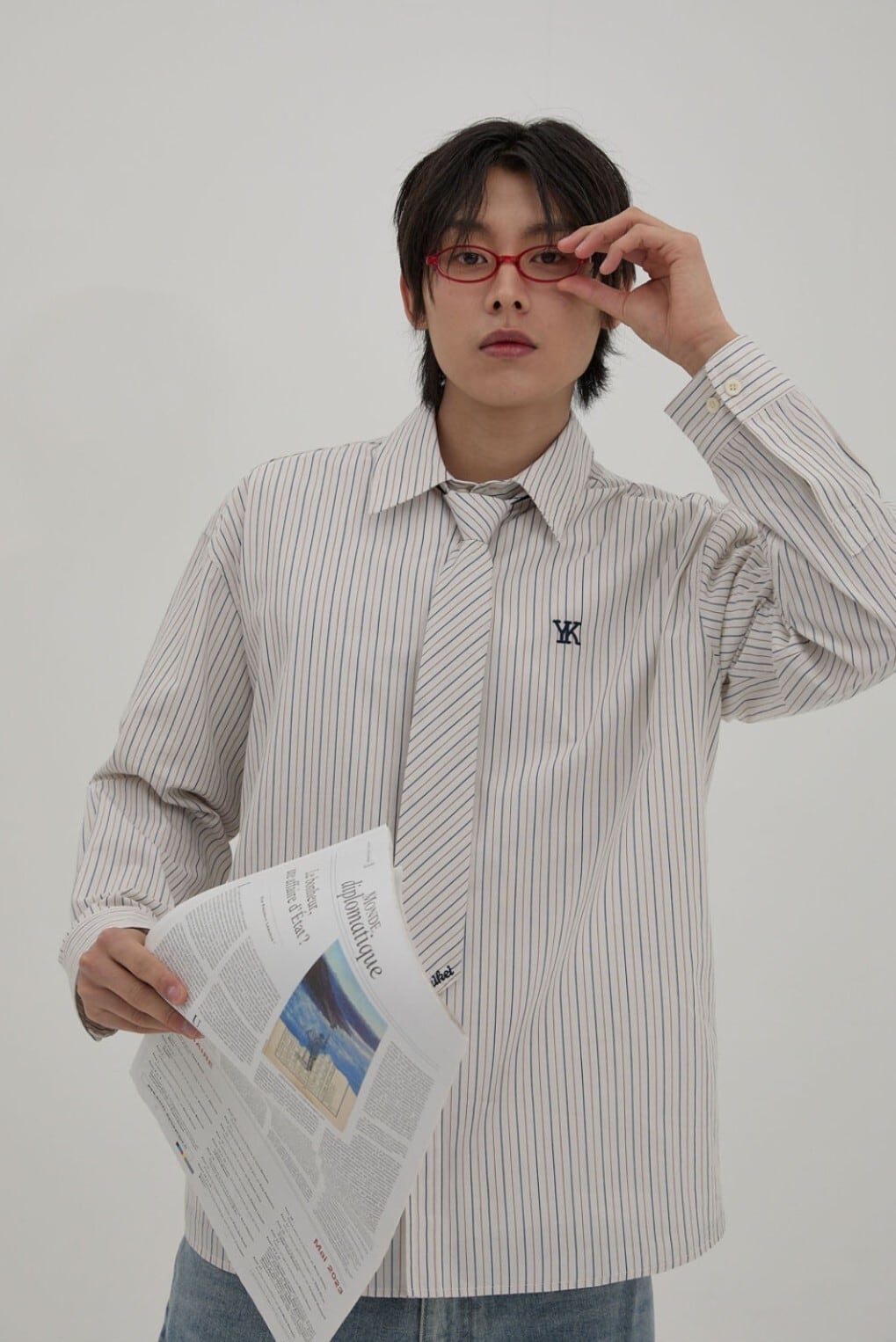 ★Wai Kei★送料込★韓国★大人気★正規品★シャツ★Tie shirts ☆QWER チョダン 着用!!【WAIKEI】Tie SET Stripe Shirt Ivory