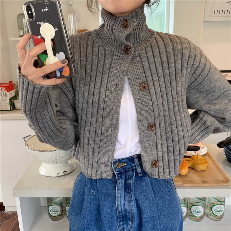 セーター ショートグレーニットオータムウィンタースタンダードカーディガンジャケット レトロ 秋物 冬物 ブラックストロベリース51039342497