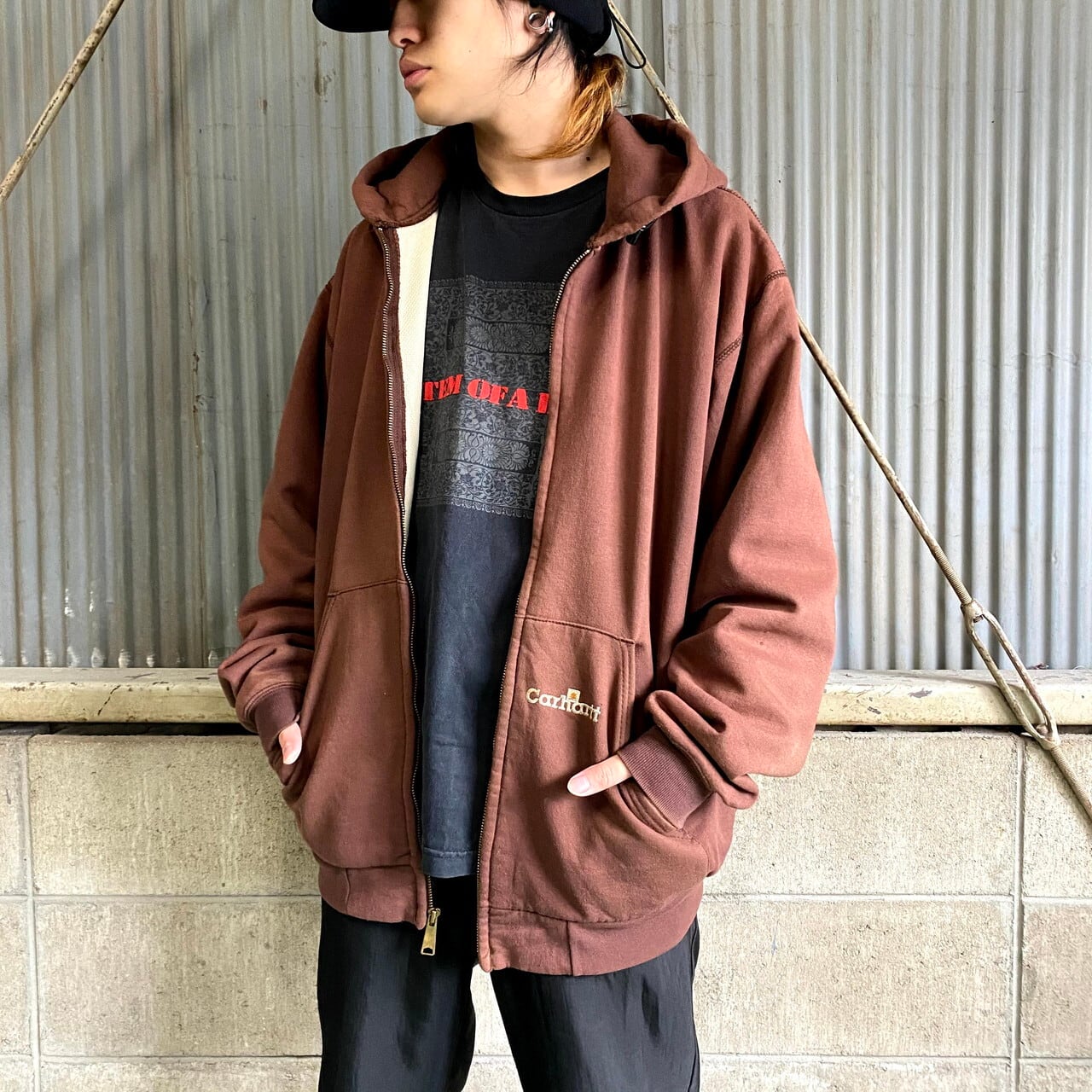 90年代 カーハート ワンポイントロゴ フルジップパーカー メンズxl相当 古着 90s ビンテージ ヴィンテージ Carhartt スウェットパーカー メッシュライナー ブラウン 茶色 パーカー Al Cave 古着屋 公式 古着通販サイト