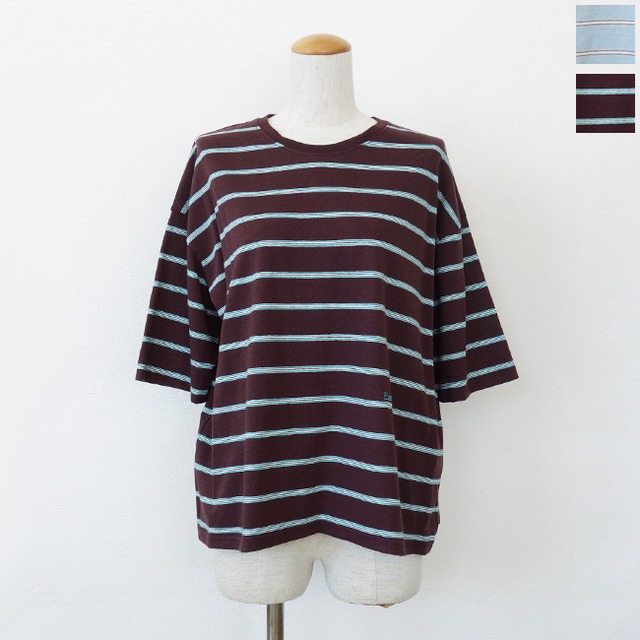 cafune (カフネ) Tシャツ ボーダー クルーネック ドロップショルダー 5分袖 刺繍 635923
