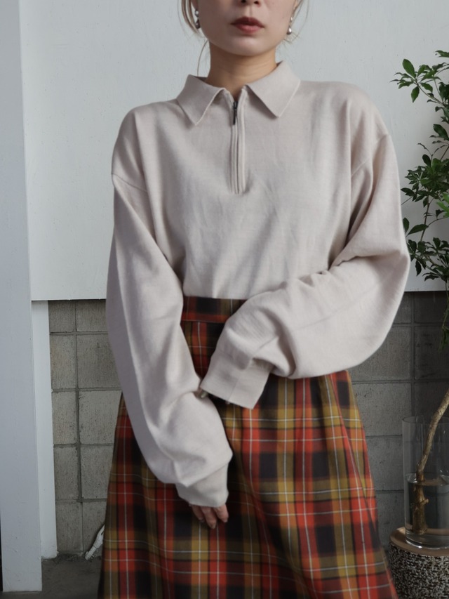 ＜vintage＞beige zip polo knit