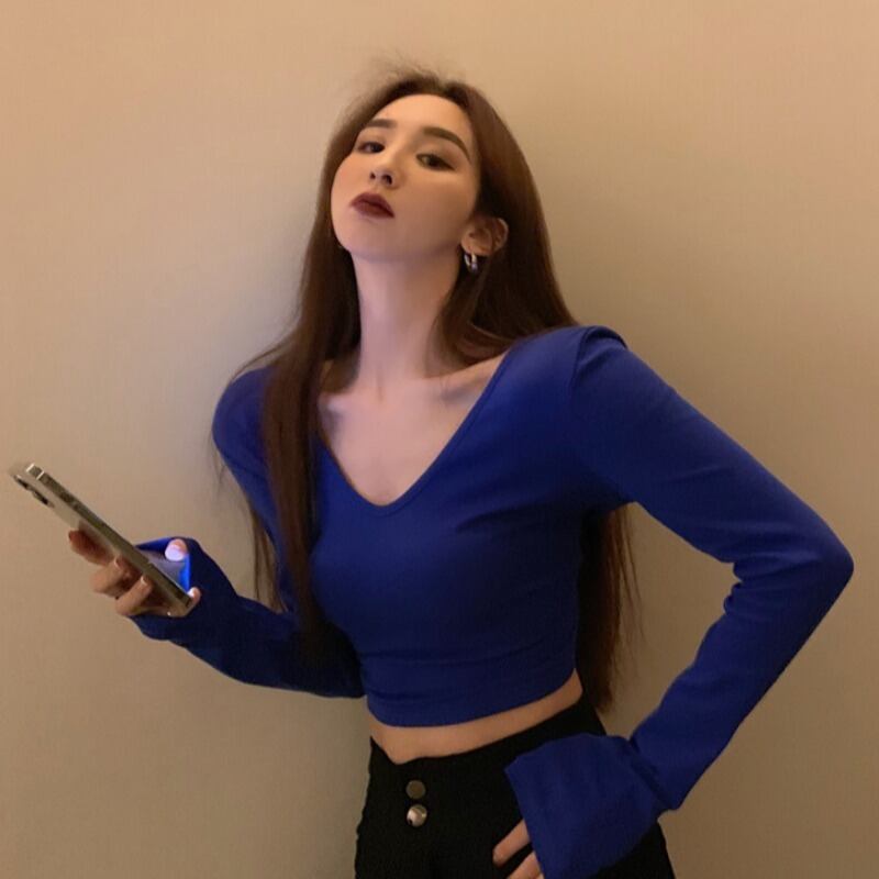 ショートトップス レディーススタイルスプリング薄手VネックブラックTシャツ シャツ ロング 春物 ヨーロピアン YY-ファッション21676140189