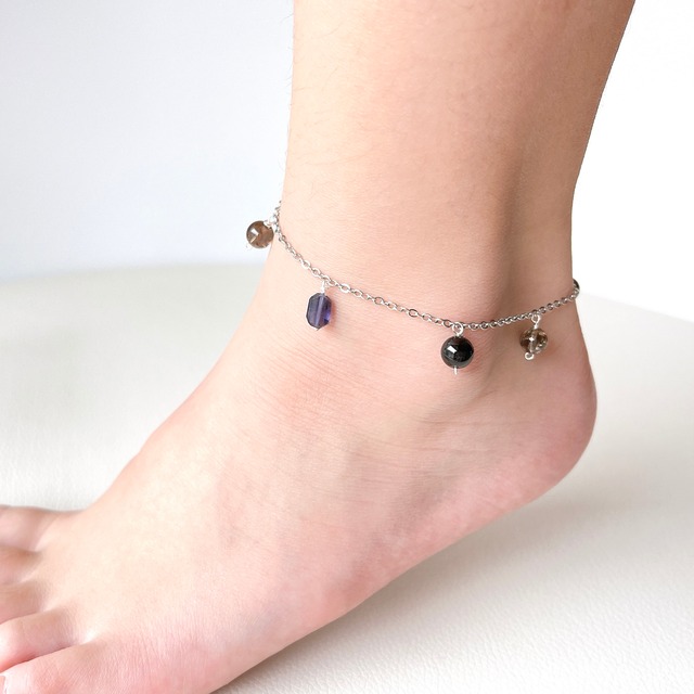 アイオライト✧モリオン✧スモーキーアイリスクォーツの御守りアンクレット✧ Iolite × Morion Anklet