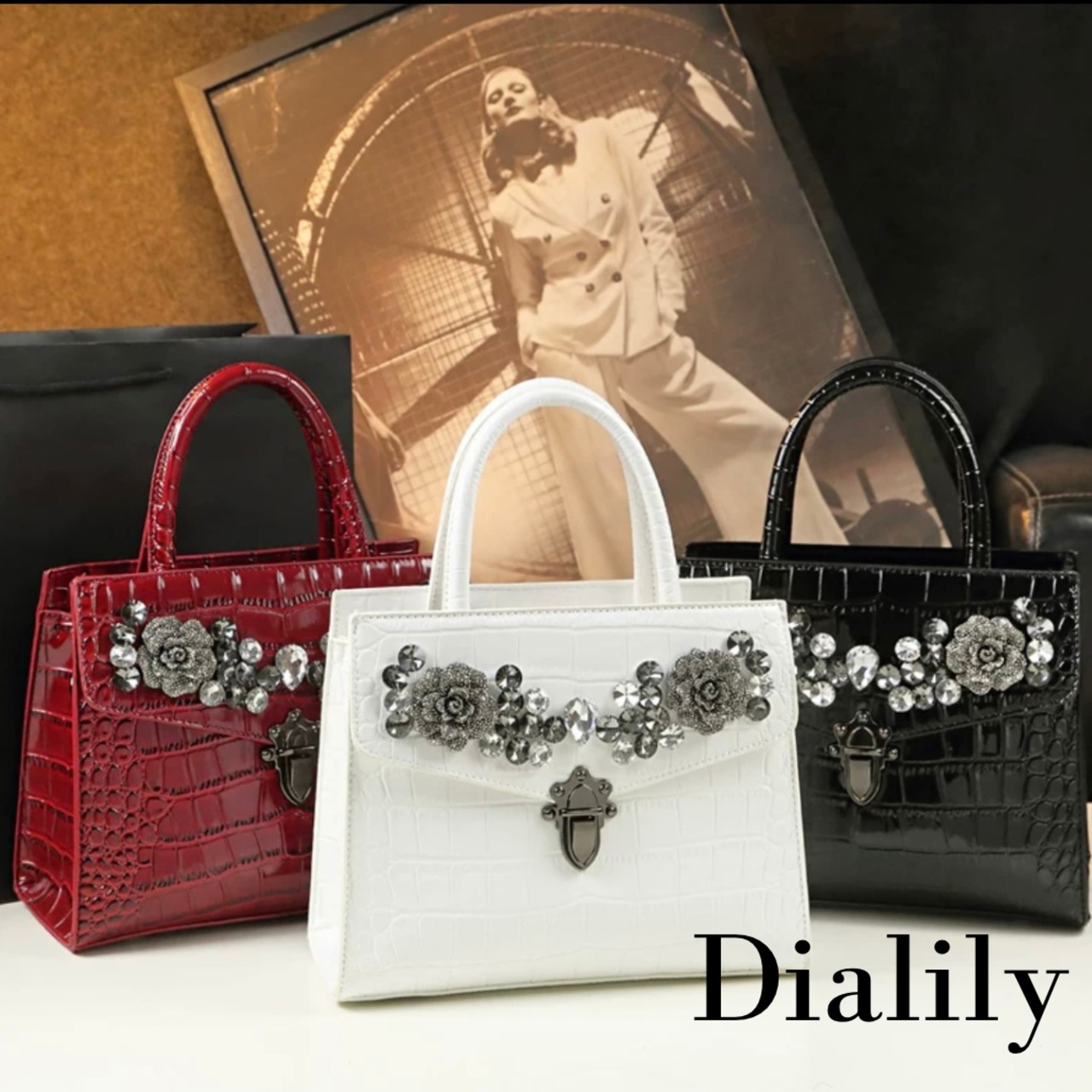 クロコダイル柄ローズビジューバッグ《3color》 | Dialily 