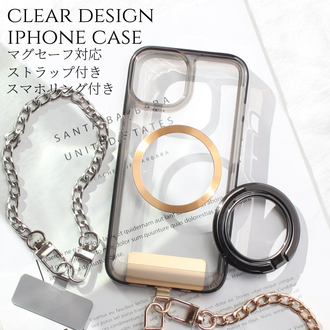 iphone ケース クリア リング付き iphone16 iphone15 iphone14 13 12 mini チェーン ストラップ magsafe マグセーフ マグネット アイフォン 16 15 14 SE 11 ショート ストラップ付き 16pro 15pro 14pro リングホルダー スタンド 13mini se3 se2 落下防止 メタリック 送料無料
