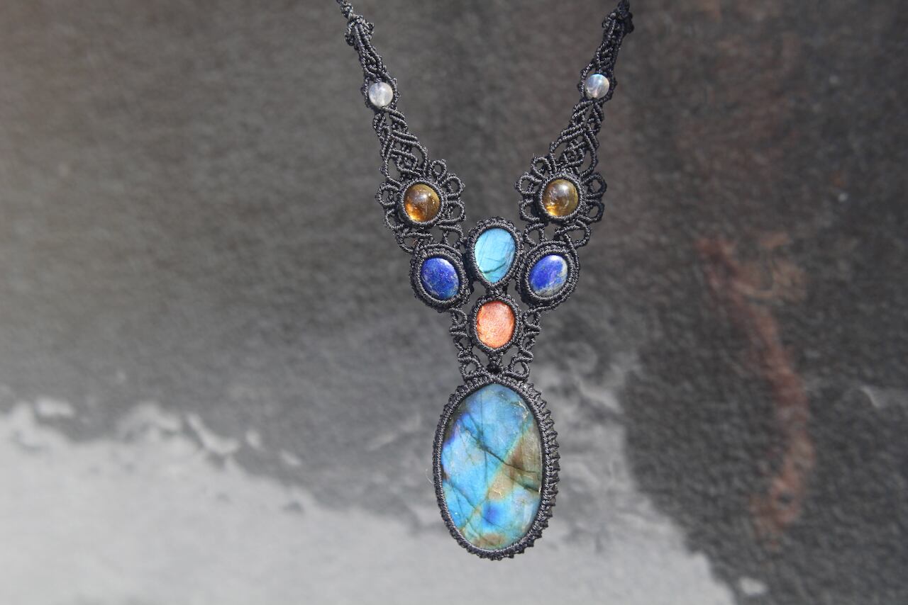 Multi color labradorite & Blue Labradorite & Sunstone & Lapis lazuli & Citrin micro macrame necklace