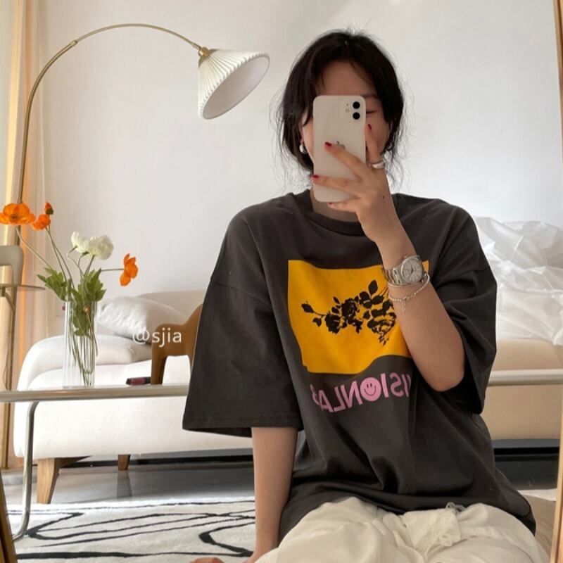 サマーFlowerデザイン ルーズグレーTシャツ トップス 夏物 フラワーデザイン YY-ファッション97530387522