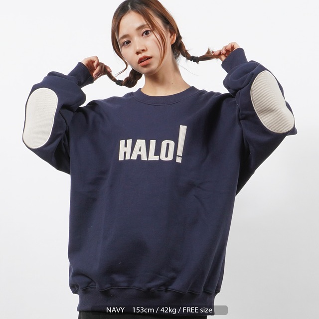 Halo刺繍 エルボーパッチ スウェットシャツ スウェット メンズ トレーナー レディース ペアルック オーバーサイズ トップス 長袖 綿100 裏毛 大きいサイズ 韓国ファッション 春 春服 春夏 人気 ストリート系 カジュアル おしゃれ 韓国 服 大人 ストリート 韓国