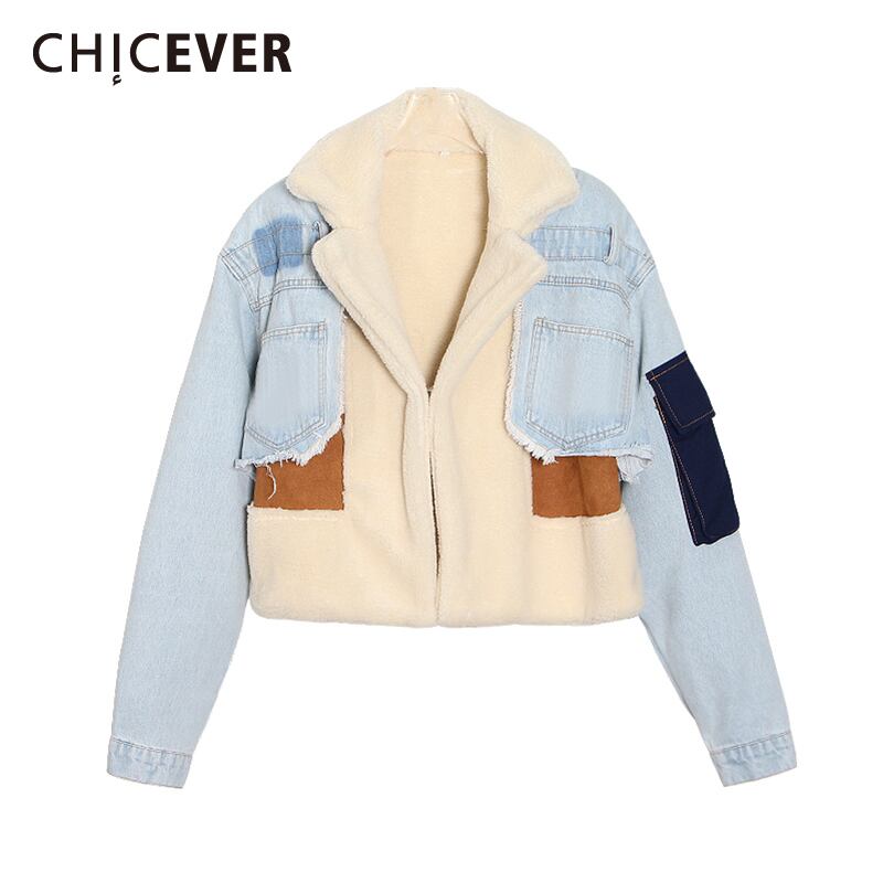 CHICEVERラペルカラーパッチワークデニムコートレディース長袖ラムウールジャケットトップスヴィンテージ服2020冬 ロング ウィンター 冬物 ビンテージ 6base516641354137