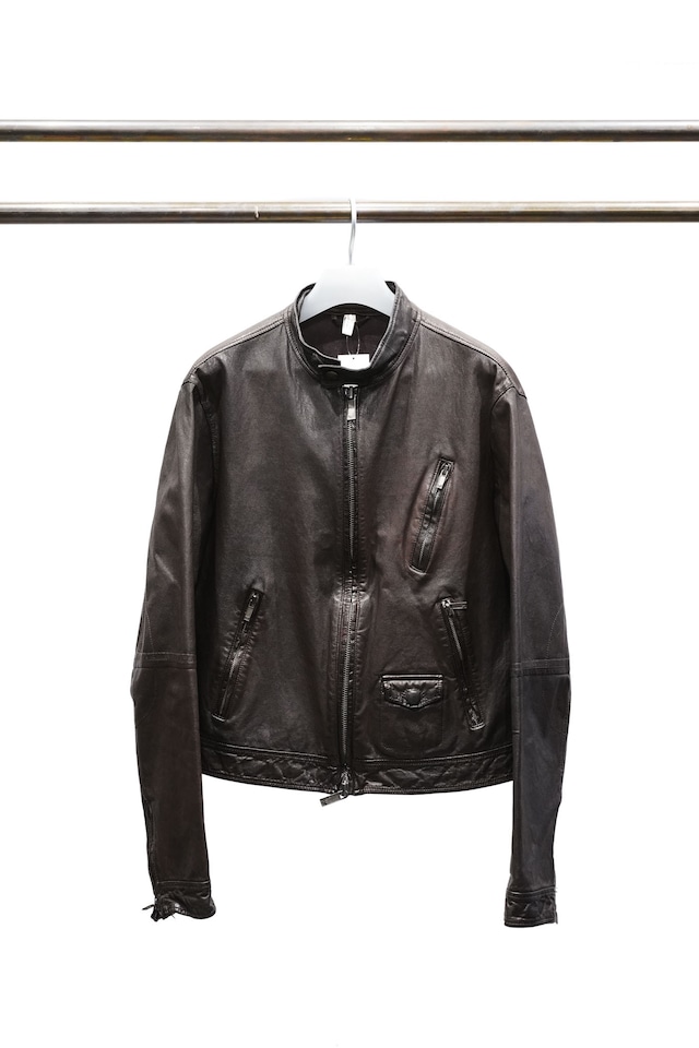 00's "ARMANI JEANS" Dark-Brown Color Goat Leather Double-Zip Blouson Made in ITALY