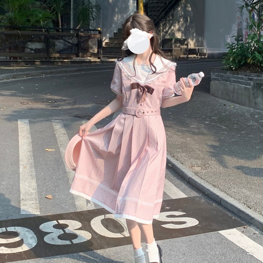 量産型クラロリ｜ピンク水玉のセーラーワンピース ミドル丈 | ロリータ