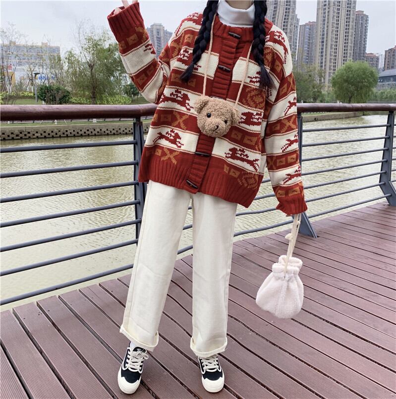 オータムウィンタースタイルルーズレッドニットカーディガンセーター ジャケット スプリングスタンダードトップス レトロ 春物 秋物 冬物 萌量不足9711895151