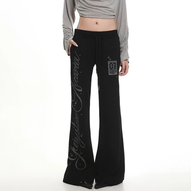 rhinestone letter print flare pants la3106