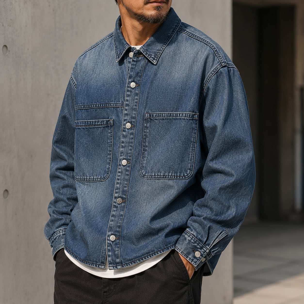 【H0248】Oversized Denim Shirt Button Front
