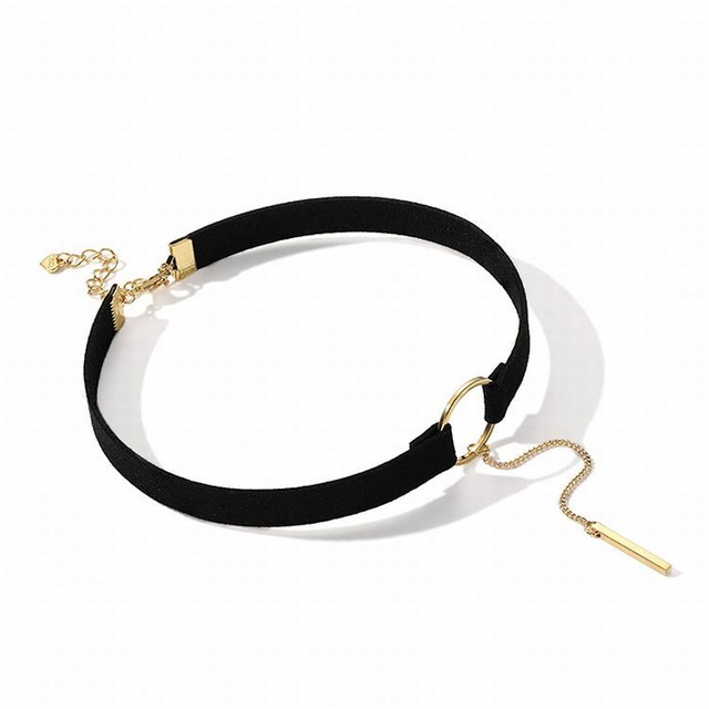 リング チェーン チョーカー 韓国アクセサリー 合金 シルバー925 アクセサリー ネックバンド ネックレス / Black rope choker chain neckband (DTC-540233160743)