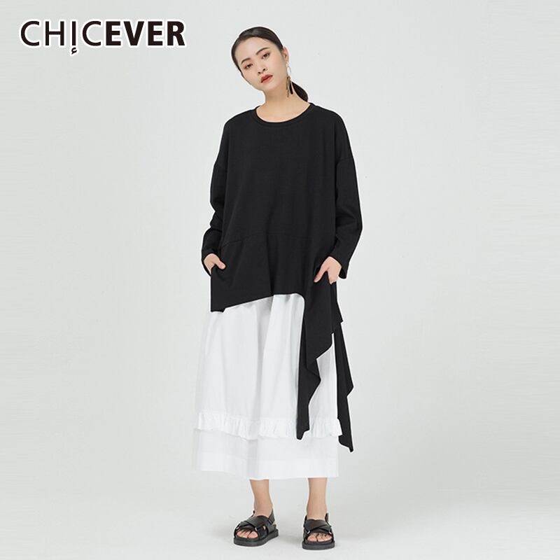 CHICEVERTシャツレディースOネック長袖ルーズオーバーサイズアシンメトリー裾Tシャツ2020オータムタイド ロング 秋物 6base534520855469