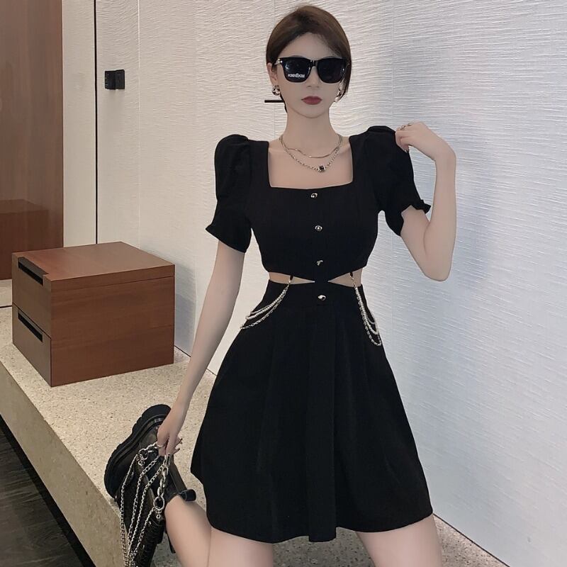 ドレス スリーブウェストAラインブラック ストリート スクウェア ハンチェンe57679594979