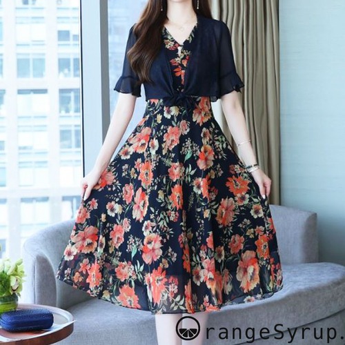 【即日発送】2点セット 花柄ワンピース シフォンボレロ 全2色 ypy8310009 【即日発送】2点セット 花柄ワンピース シフォンボレロ 全2色 ypy8310009