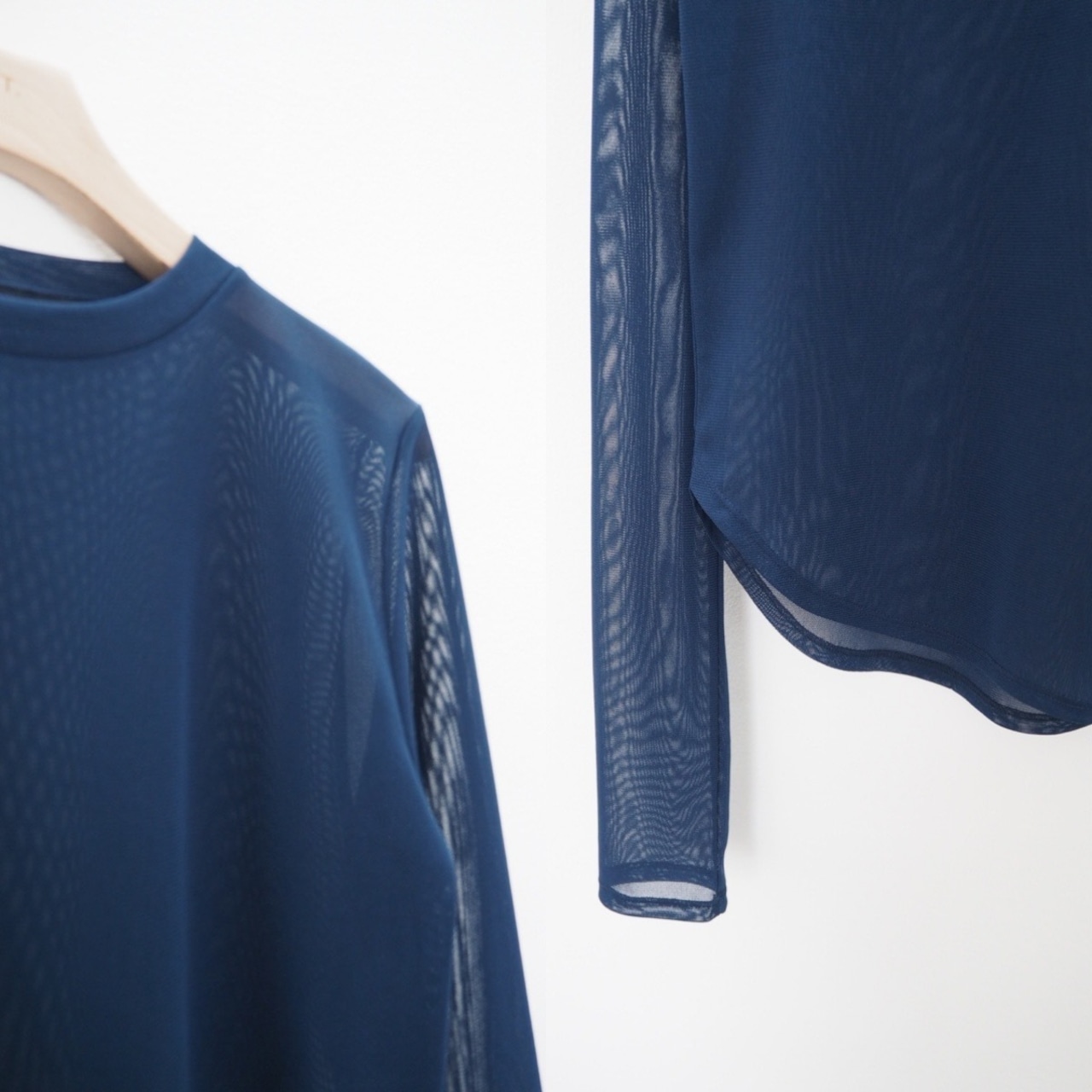 tulle sheer crew neck tops/darkblue