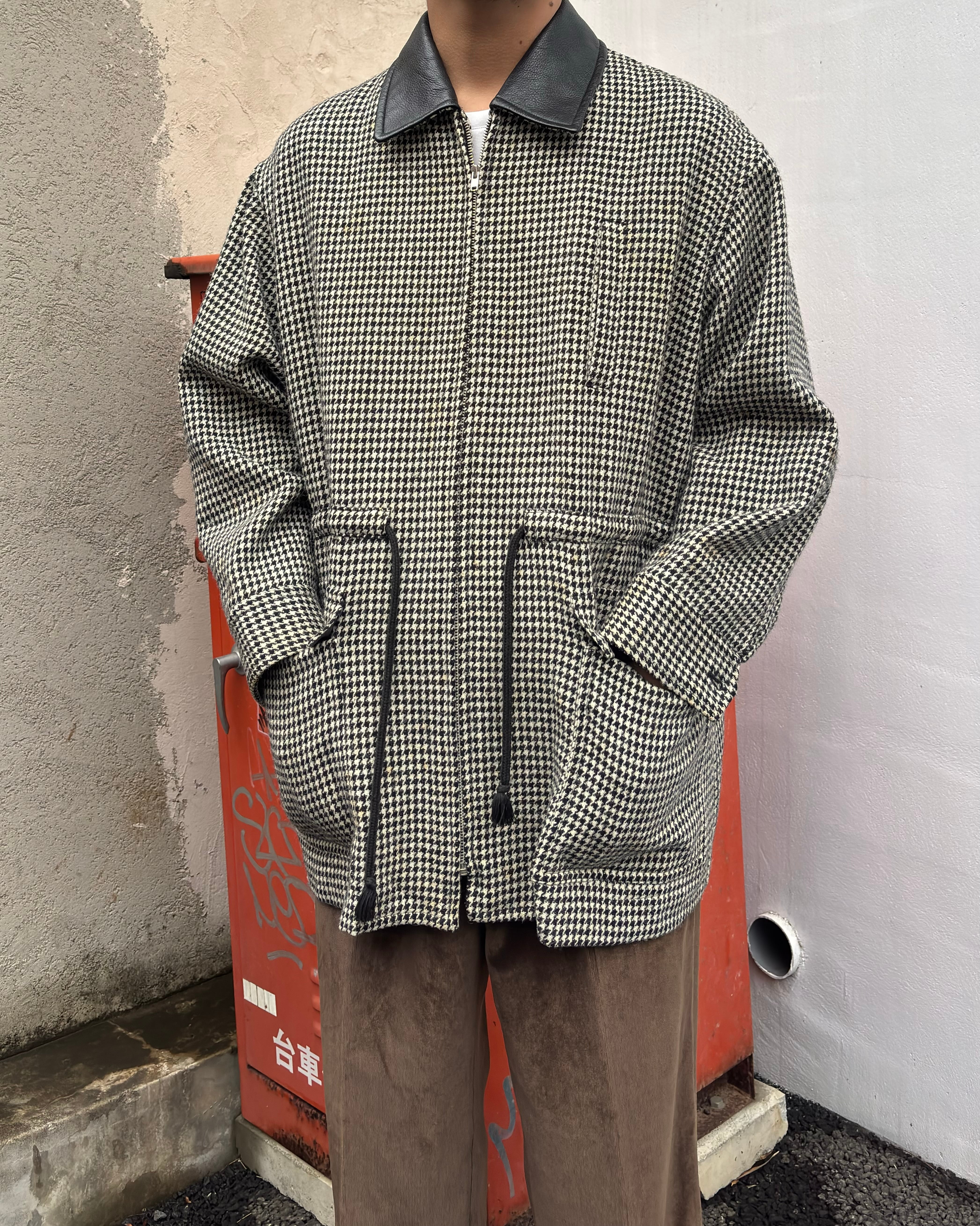 tricot GARÇONS” Leather collar design houndstooth wool zip up