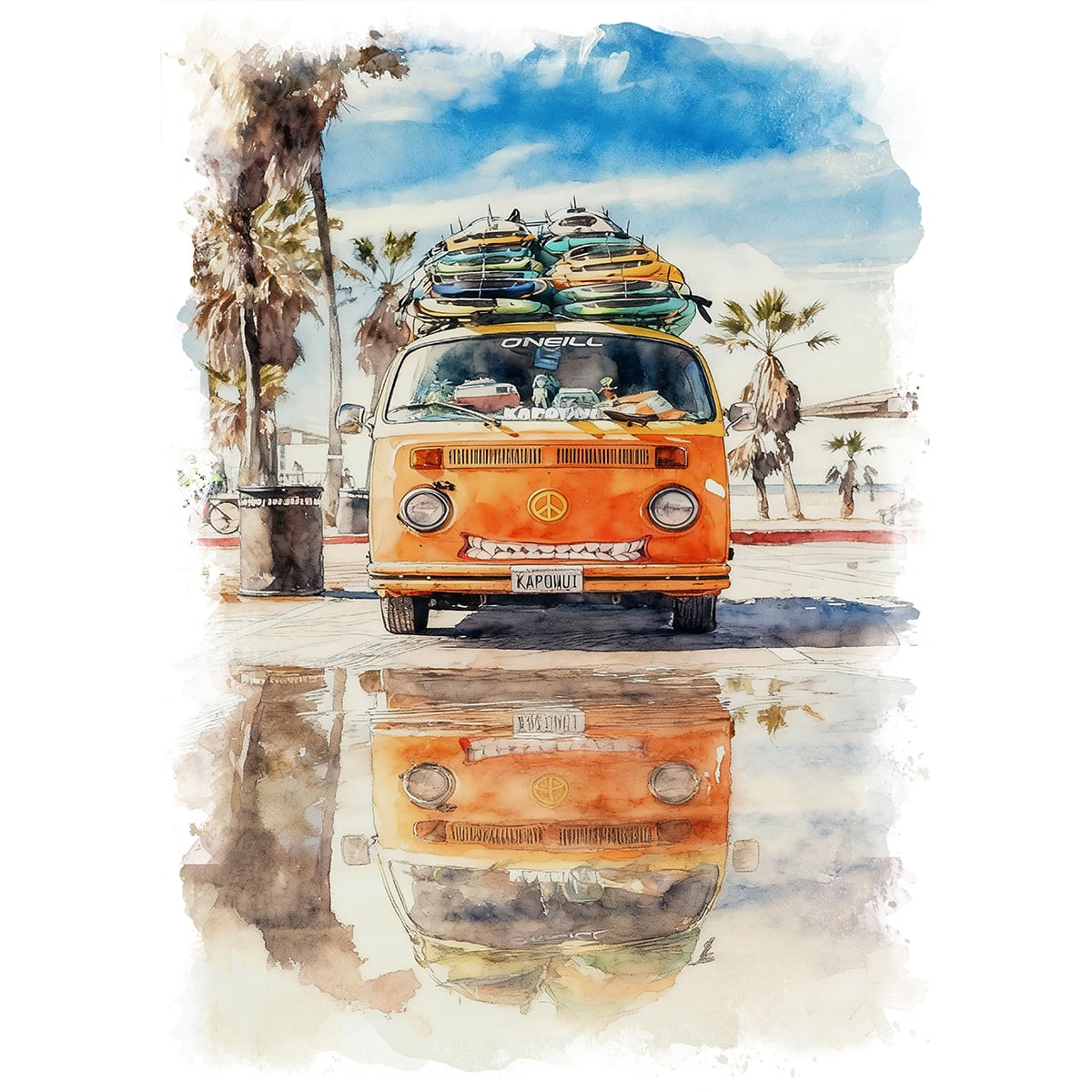 絵画 風景画 アメリカ カリフォルニア ビーチのフォルクスワーゲンバス インテリアアート額付き 水彩画・油絵風 WAT1598