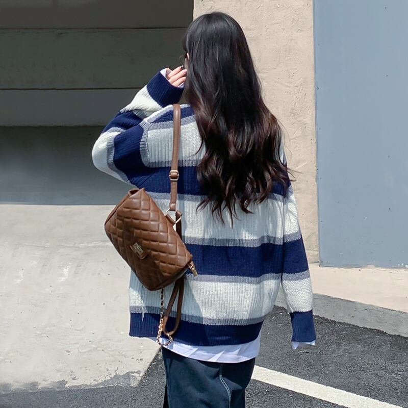 スタンダードストライププルオーバー セーター スプリングオータムルーズ レトロ 春物 秋物 スーパーモール57530323800
