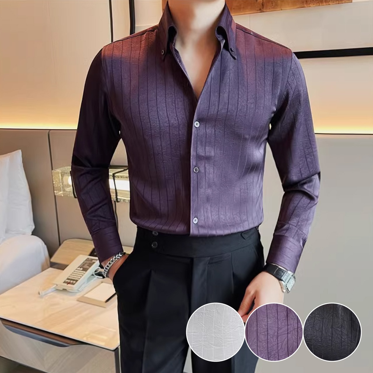 ハイエンドなビジネスカジュアルスタイルにピッタリのスリムシャツ　SH004