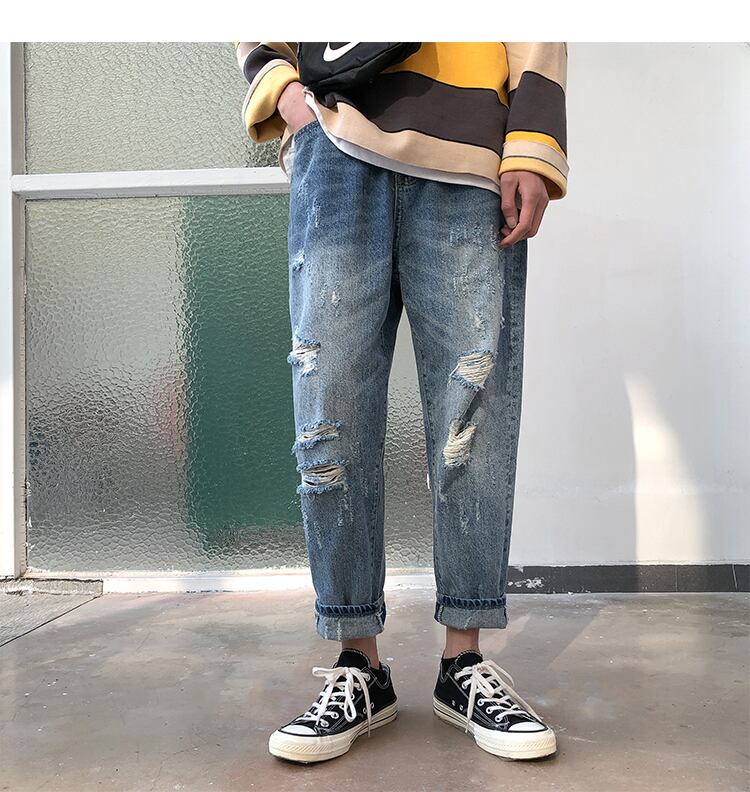 全1色 デニム パンツ ストレート カジュアル ダメージ おしゃれ