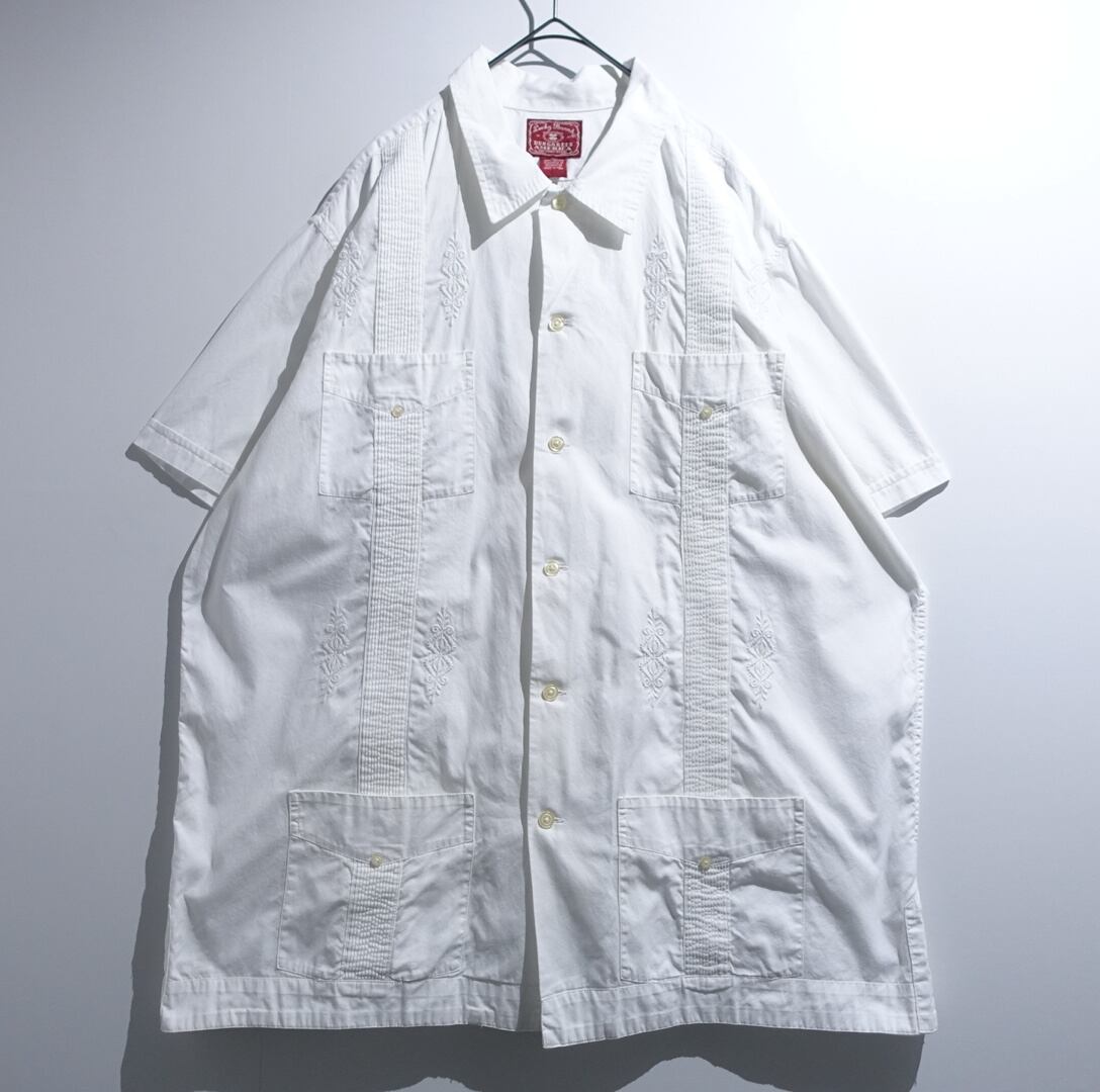White Embroidered & Pleated Design Cuba Shirt
