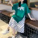 半袖ワンピース レディース ワンピース Tシャツワンピース ミドル丈ワンピース ロゴプリント ドット柄 水玉 切り替え 大きいサイズ ラウンドネック プルオーバー 春夏 ゆったり 体型カバー ルーズ