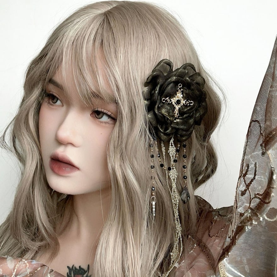 ライブ 推し活に】 ヘアアクセサリー 薔薇 メタルチェーン ビーズ