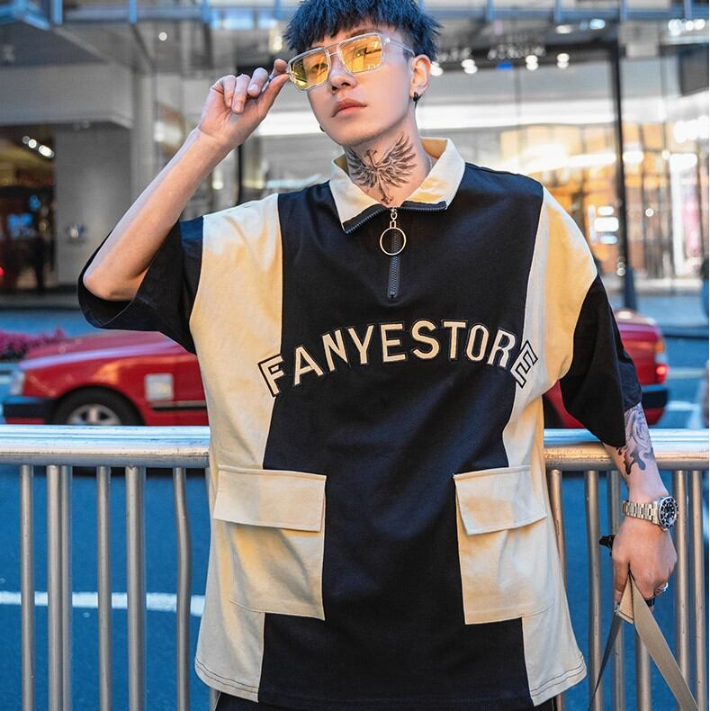 全2色 Tシャツ ジップアップ プリント カジュアル ストリート 