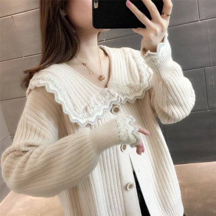 レトロガーリー セーラーカラー春ニットカーディガン F0594 Retro N