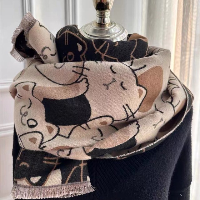 ✿12色選択可、猫柄両面使いマフラー！【COISINIシリーズ】★マフラー★ 12color 猫 ねこ ネコ 小物 飾り物 アクセサリー