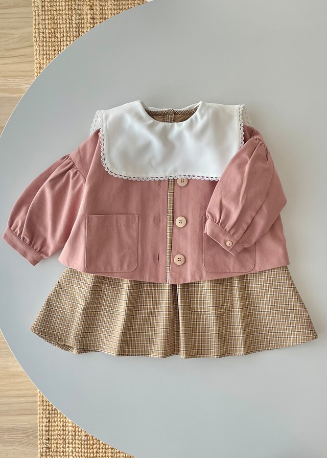 ビブカラーチェックワンピース<Beige check>