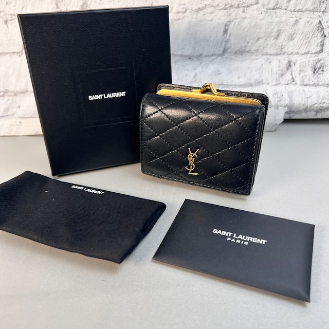 SAINT LAURENT サンローラン  YSL がま口 レザー 三つ折り財布 黒 A-12972
