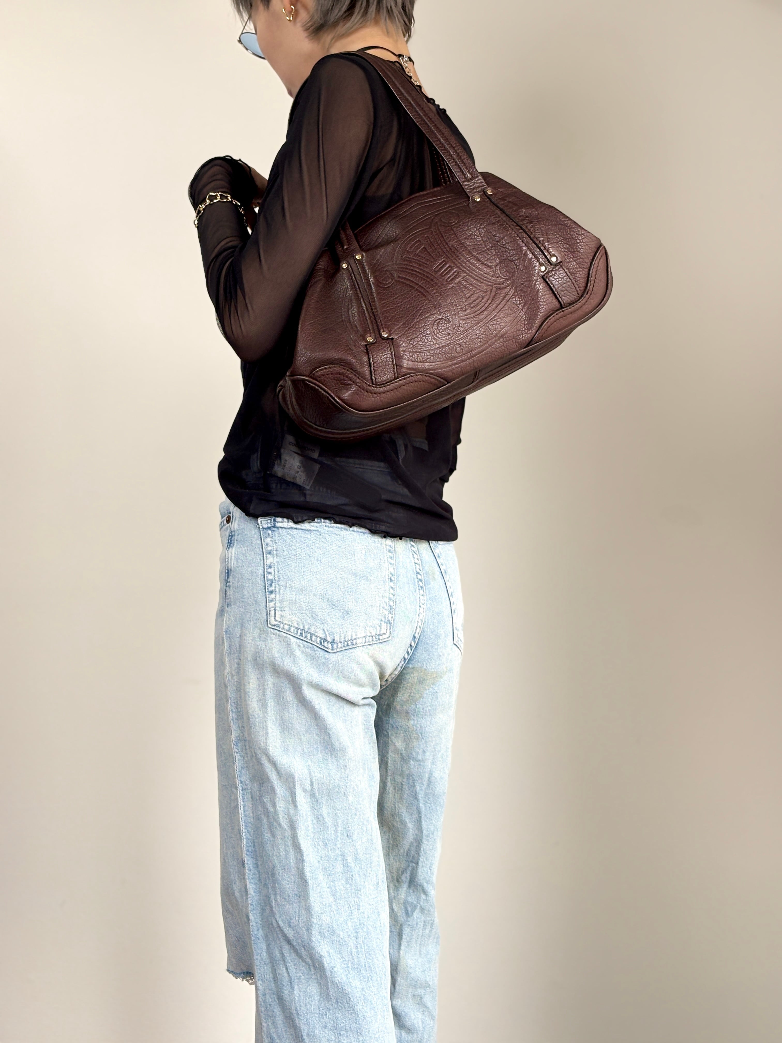 CELINE セリーヌ ショルダーバッグ ブラウン ブラゾン エンボス レザー