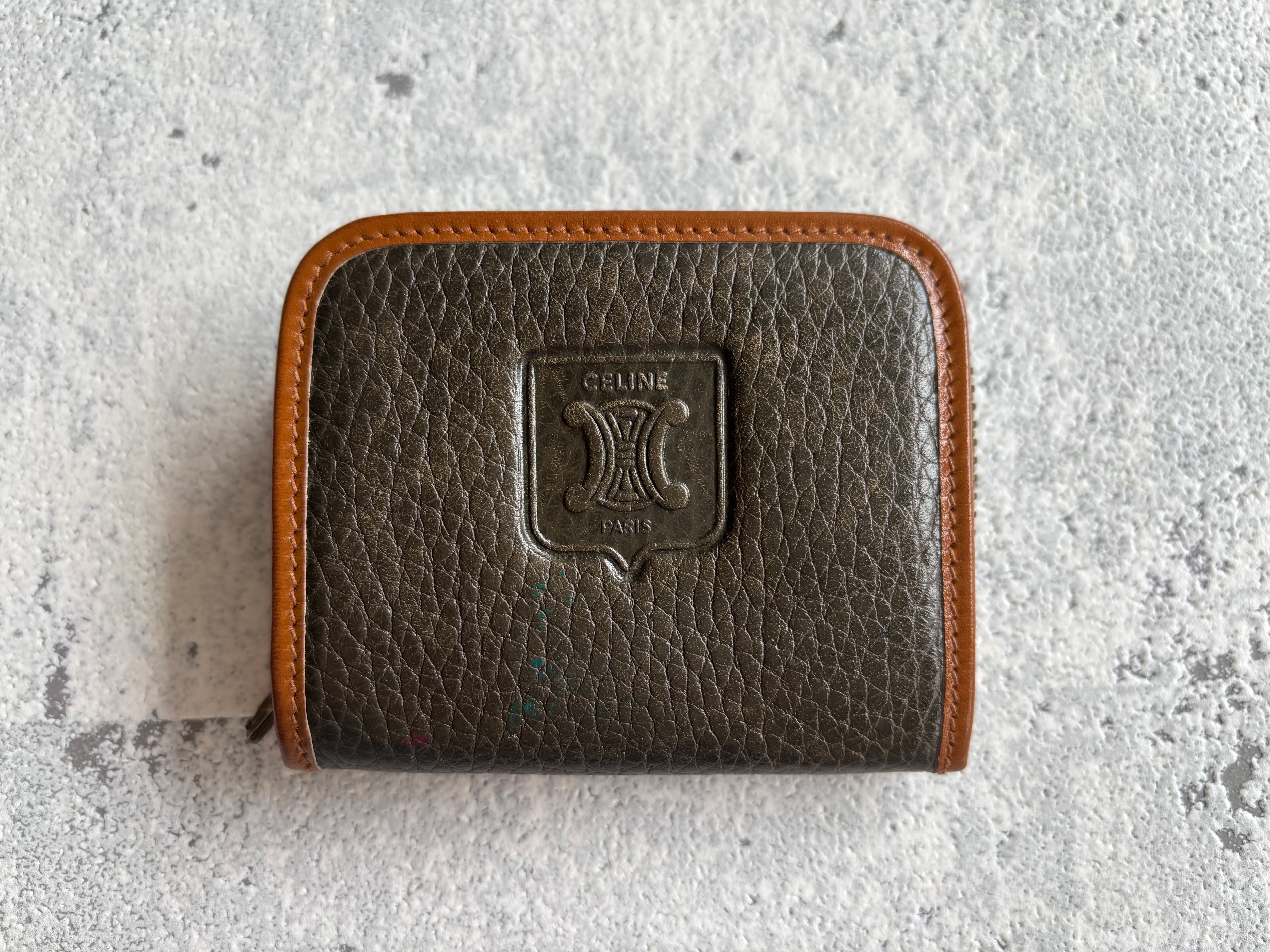 CELINE レザージップコインケース グリーン×ブラウン