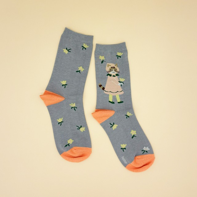 【Aiko Fukawa】布川愛子 SOCKS お花を運ぶ猫  グレー ソックス