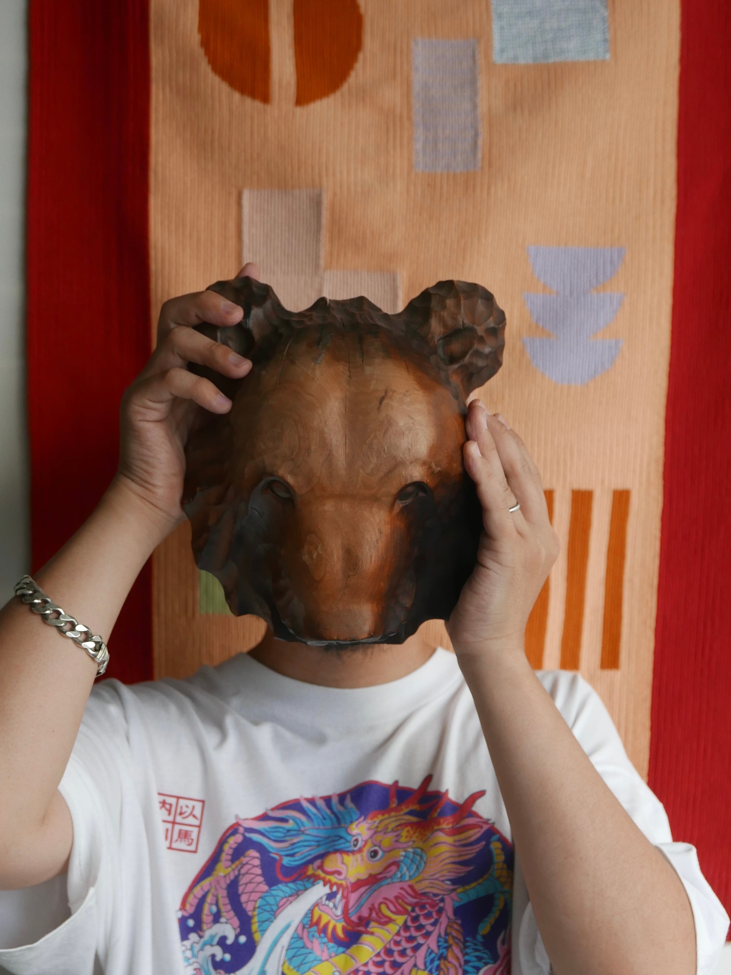 vintage wooden bear mask " aged skin "