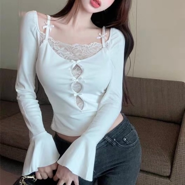 2色 Lace docking petit ribbon tops