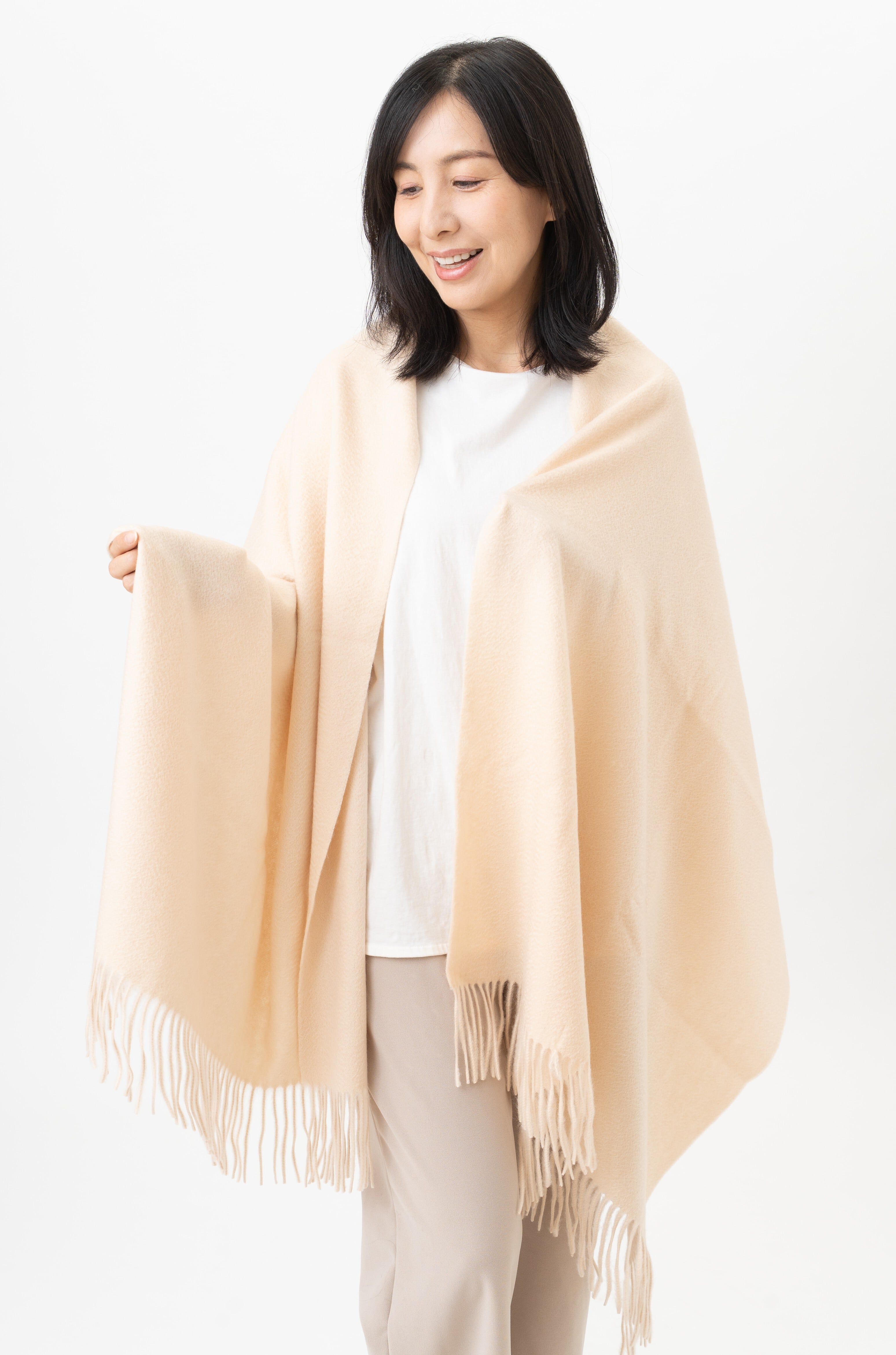 カシミヤ100%大判ストール Kitano - キタノ/アイボリー 幅70cm×縦180cm(本体部分)