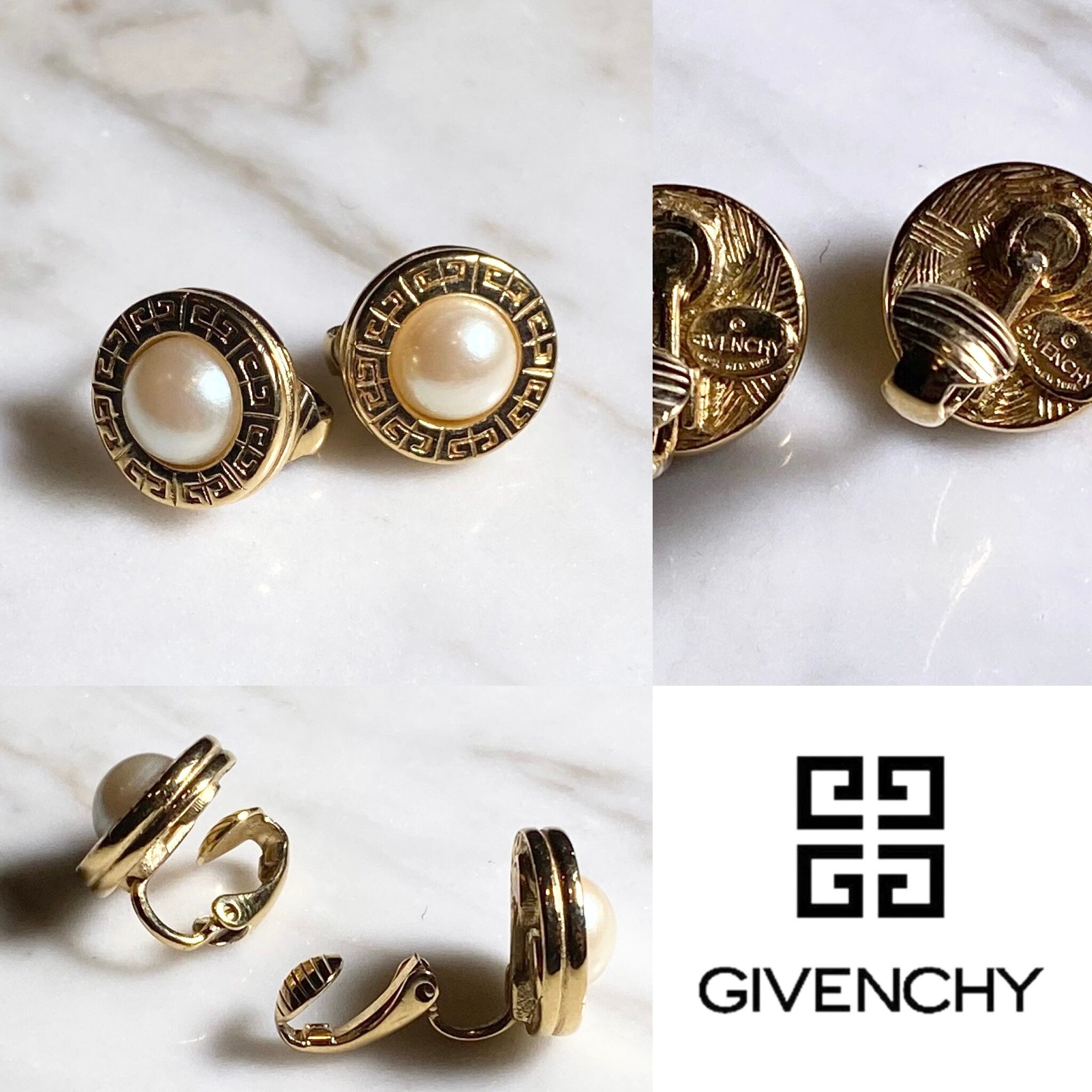 vintage GIVENCHY gold color metal logo × imitation pearl earrings 
