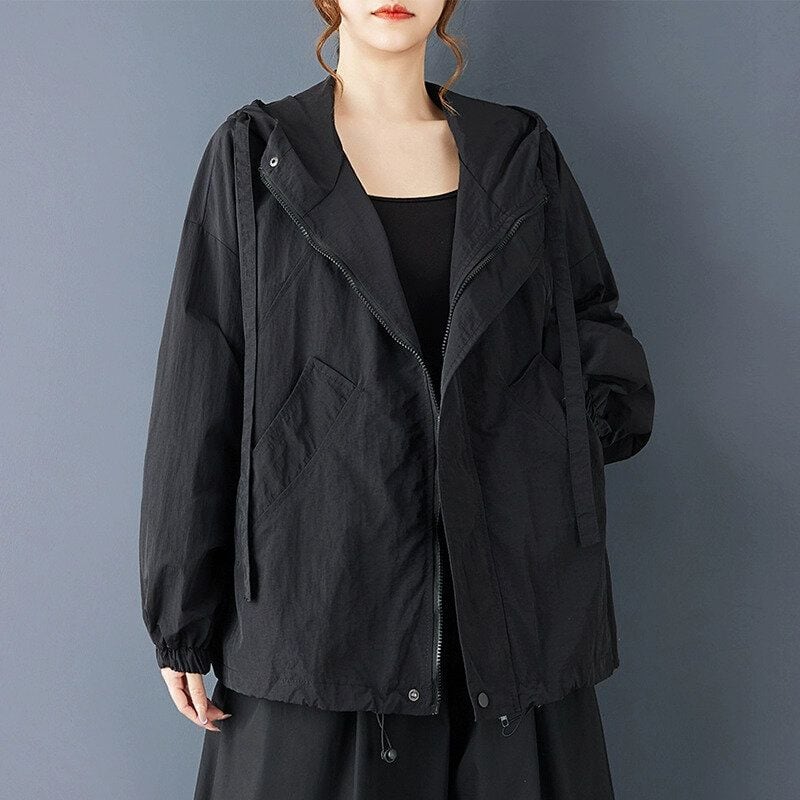 BLACK HOODED SHORT FULLZIP WINDBREAKER JACKET 1color M-15082