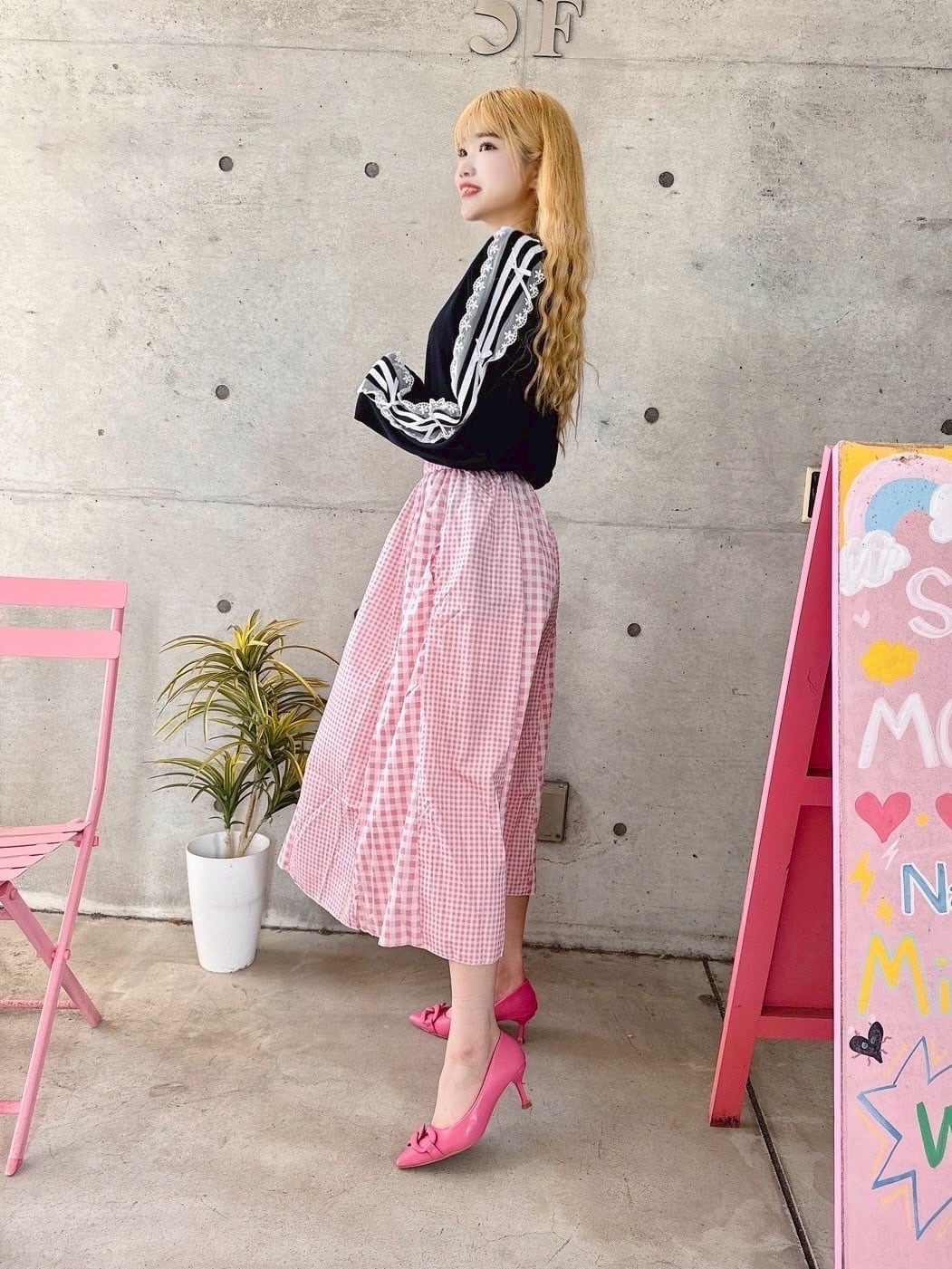 ピンクギンガムチェックフレアスカート/レディースファッション/韓国