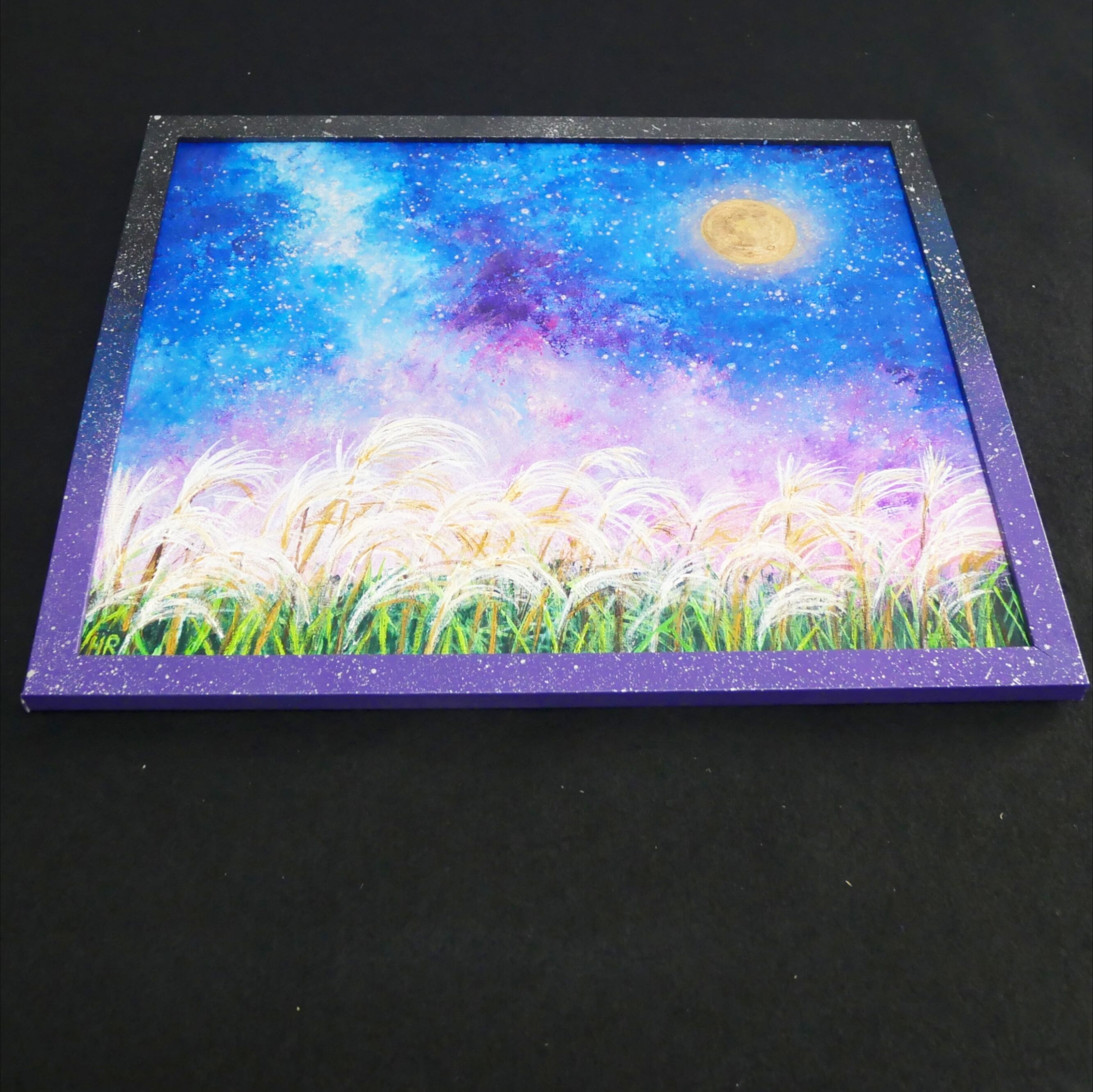 原画】黄金の月夜に揺れる ＊ 秋の夜空とススキの油絵（ラッピング無料