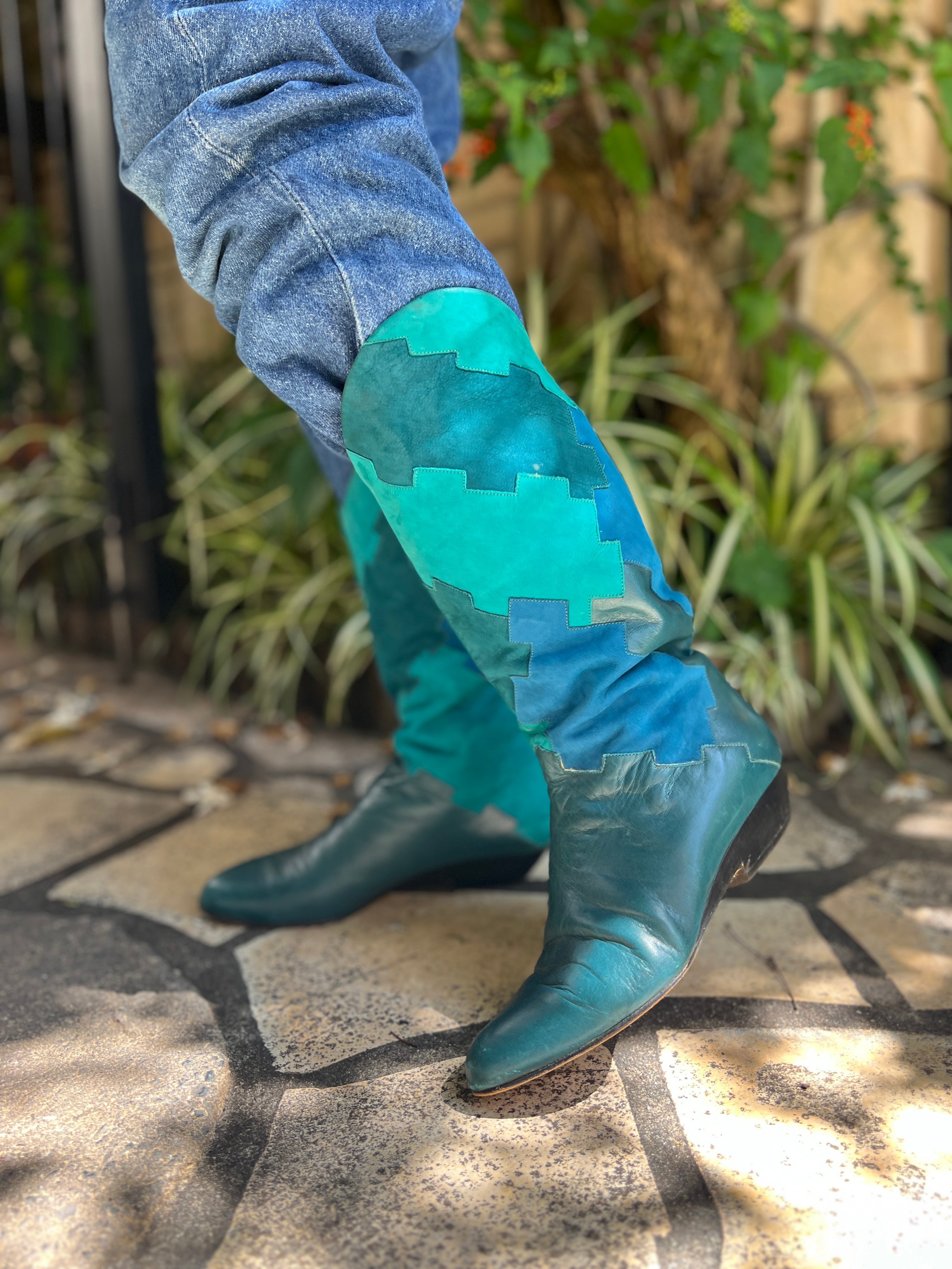 【約23.5cm】Vintage ITALY Patchwork Leather Western Boots / Blue Green