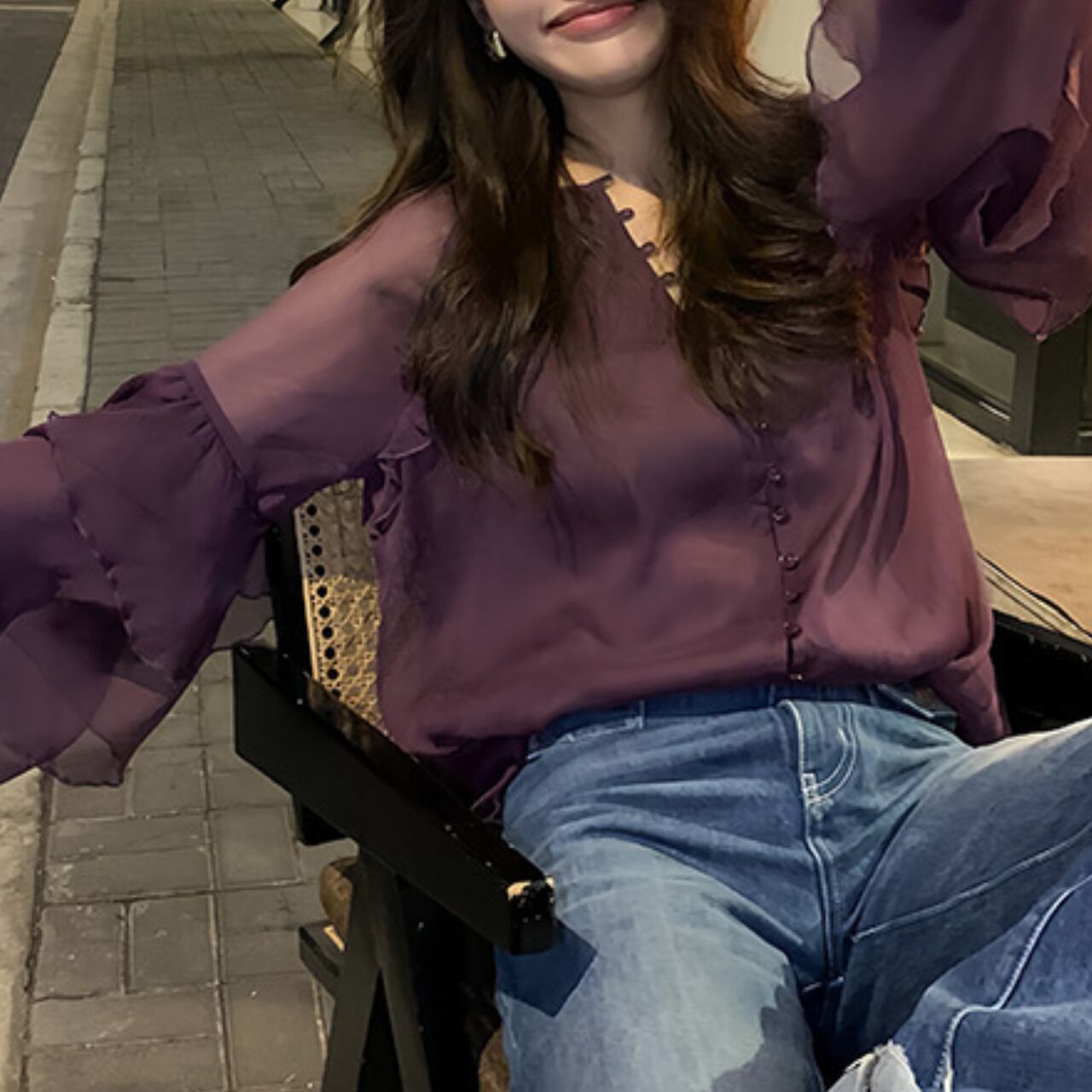 Purple chiffon flare sleeve shirt S1083